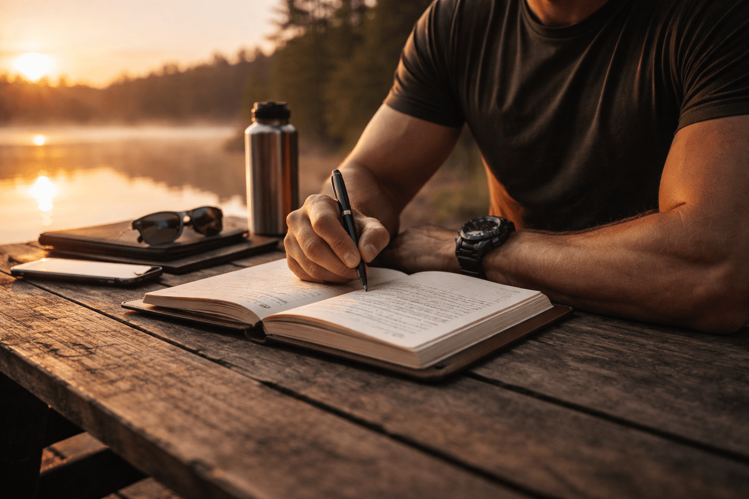 Writing in a journal outdoors at sunrise